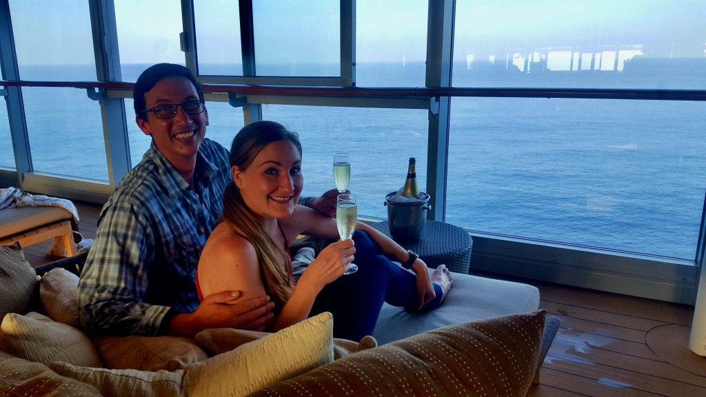 Drinking free champagne on a cruise