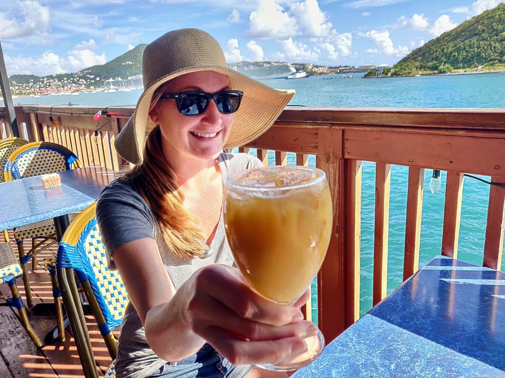 enjoying a painkiller drink while in port in the Virgin Islands