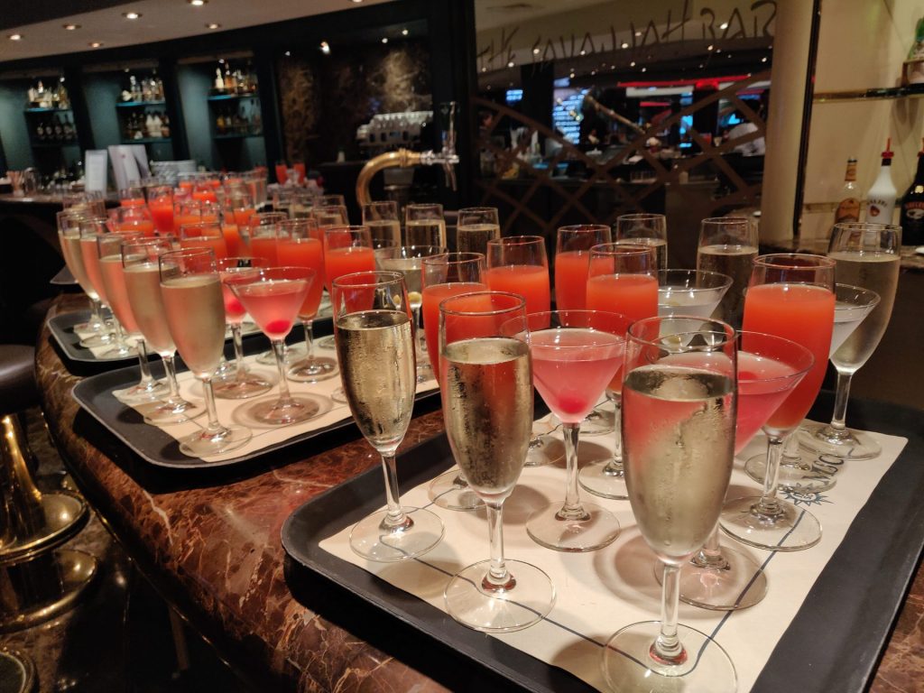 champagne and other free drinks on a cruise