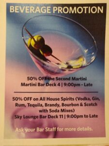 Cruise happy hours are limited to specific bars and specific times