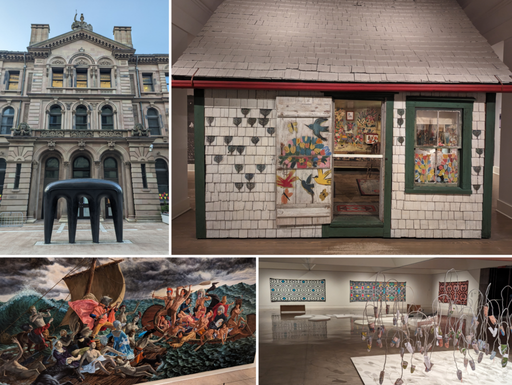 Collage showing different aspect of the Art Gallery of Nova Scotia: 1) exterior, 2) Maud Lewis home, 3) painting, 4) art exhibits