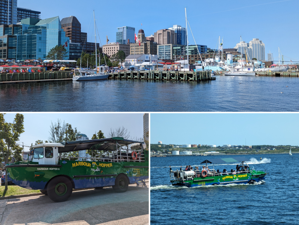 Collage of the Halifax Waterfront as viewed from the Harbour Hopper Tour, shown below is an amphibious vehicle on land and in the water