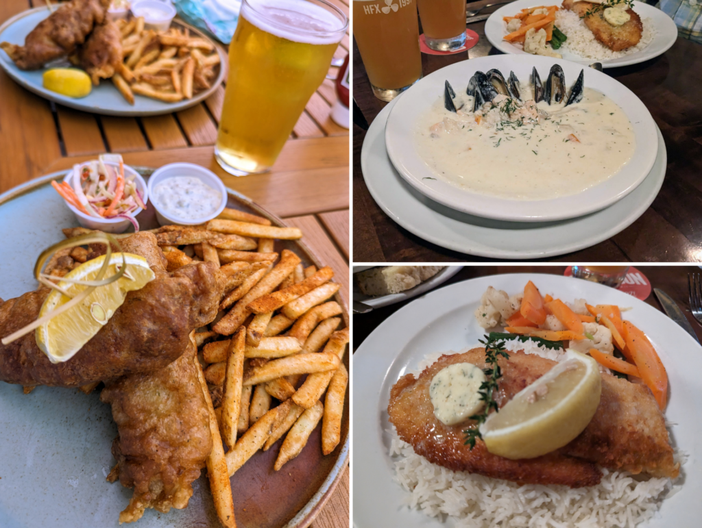 Collage of Nova Scotia Haddock in Halifax:1) Fish and chips2) Nova Scotia chowder3) Pan fried haddock